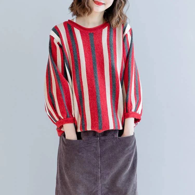 2018 red striped  cozy sweater Loose fitting o neck knitted tops casual bracelet sleeved top