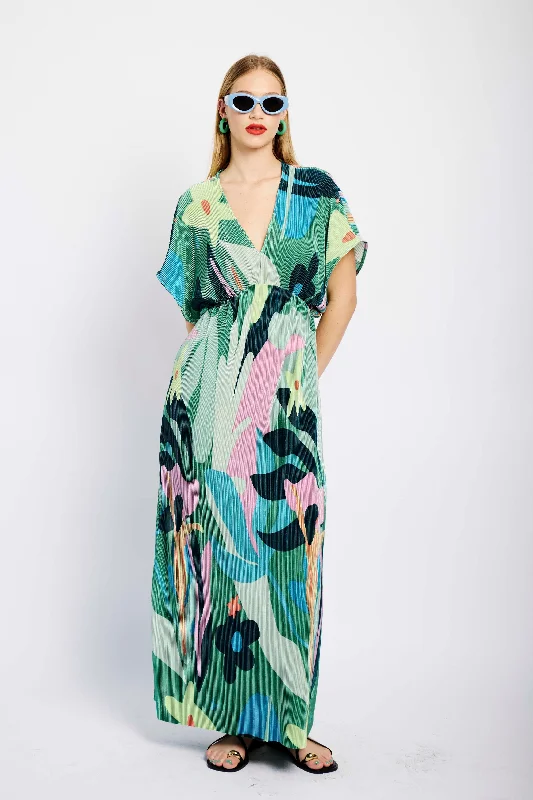 Empire Maxi Plisse Dress in Secret Garden