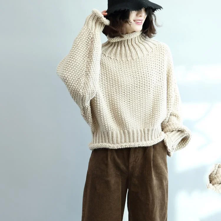 New beige cozy sweater casual high neck pullover Elegant tops