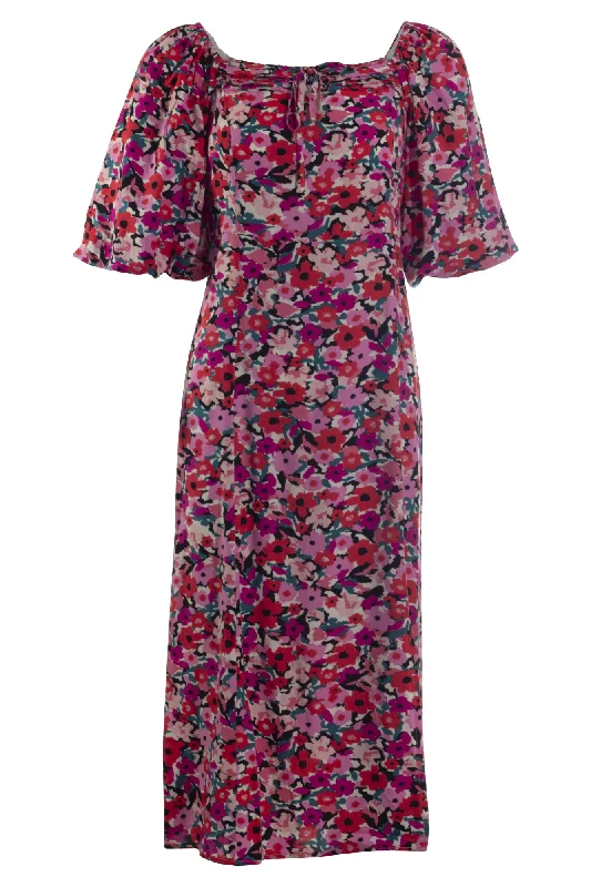 Print Dress with tie front | Red Pink Poppy | 6235AR