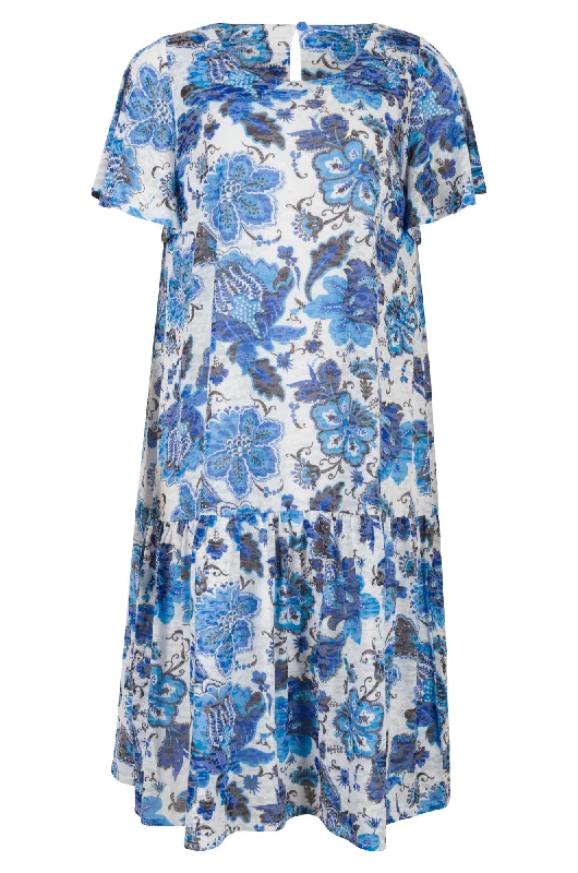 Burnout Dress with flutter sleeve | Blues Abst Flower | 6059AR