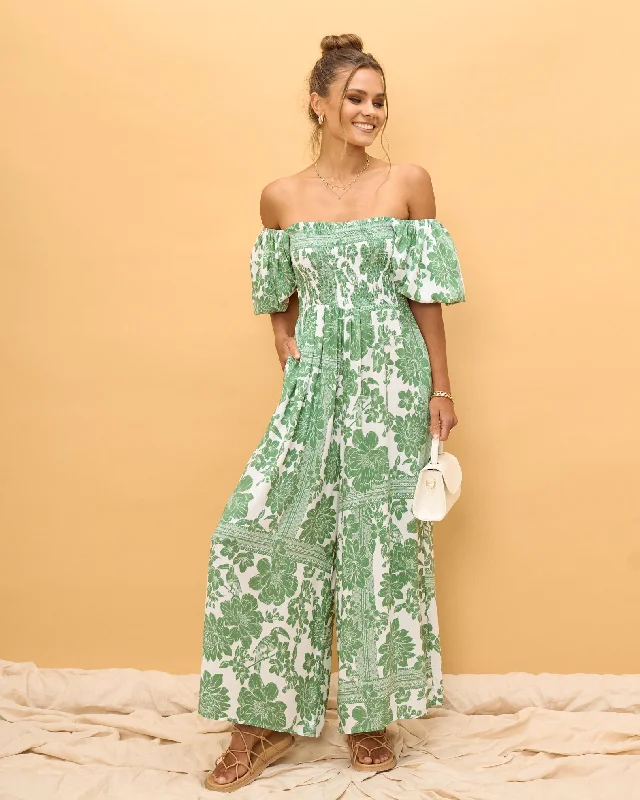 Viridiana Green Floral Puff Sleeve Jumpsuit