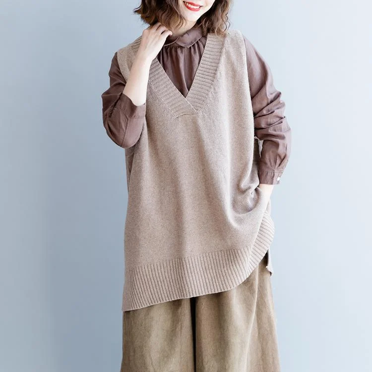 warm khaki  knit tops Loose fitting v neck  sleeveless knitted blouses Fine side open pullover