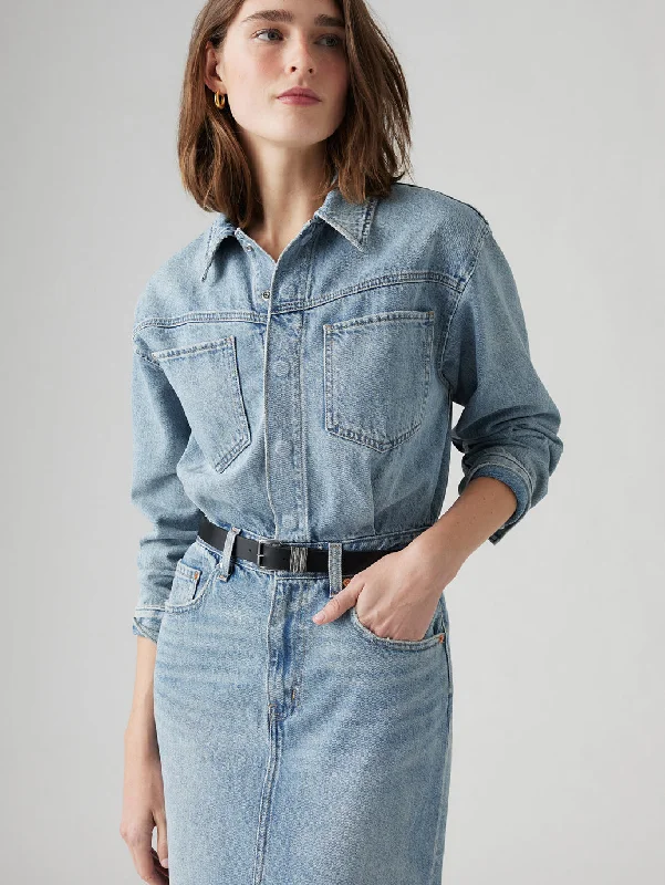 Women's Solid Blue Spread Collar Denim Dress