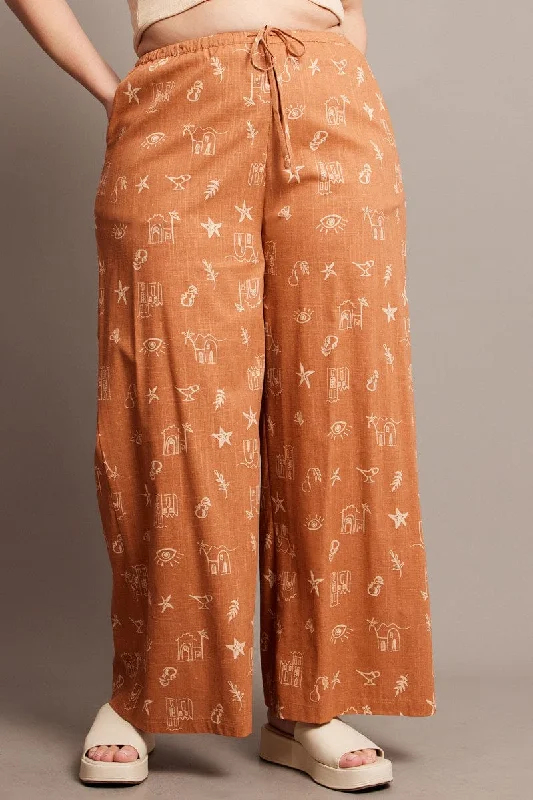 Brown Abstract Wide Leg Pants High Rise